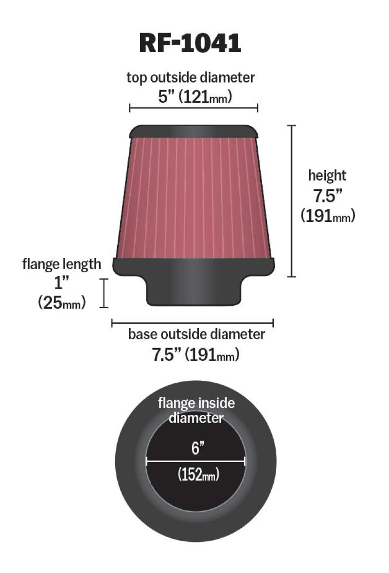 K&N Round Tapered Universal Air Filter 6 inch Flange 7 1/2 inch Base 5 inch Top 7 1/2 inch Height - 0