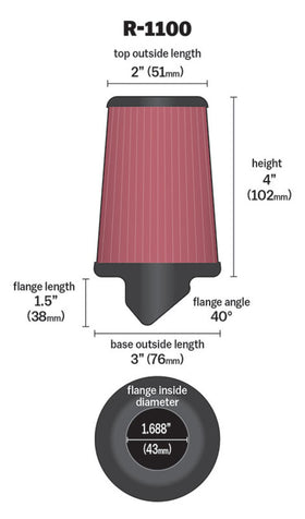 K&N Universal Rubber Filter Round Tapered 3in Base OD x 2in Top OD x 4in H - 73-78 Honda ATC90 - 0