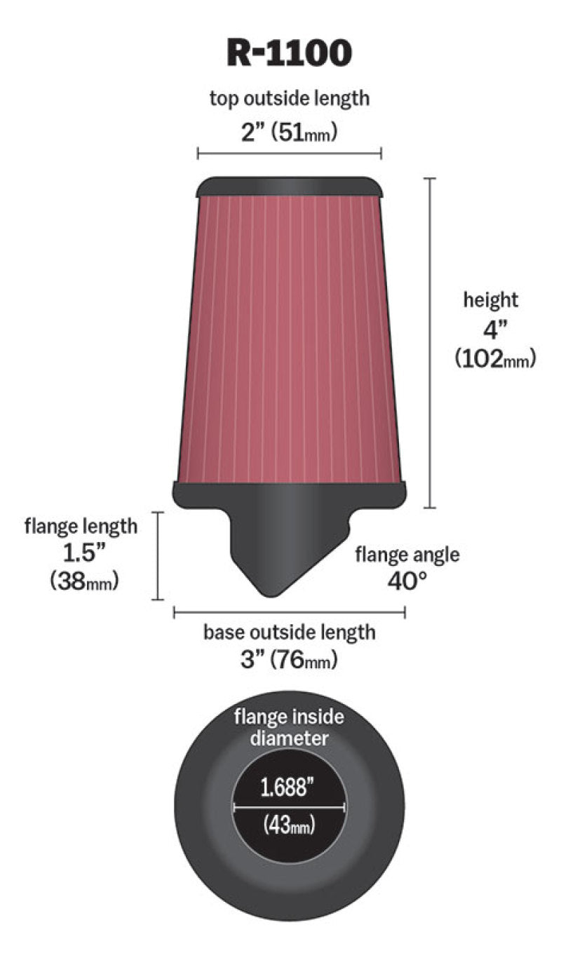 K&N Universal Rubber Filter Round Tapered 3in Base OD x 2in Top OD x 4in H - 73-78 Honda ATC90 - 0