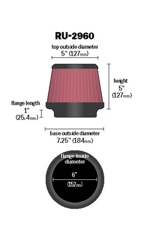 K&N Universal Tapered Filter 6in Flange ID x 7.5in Base OD x 5in Top OD x 5in Height