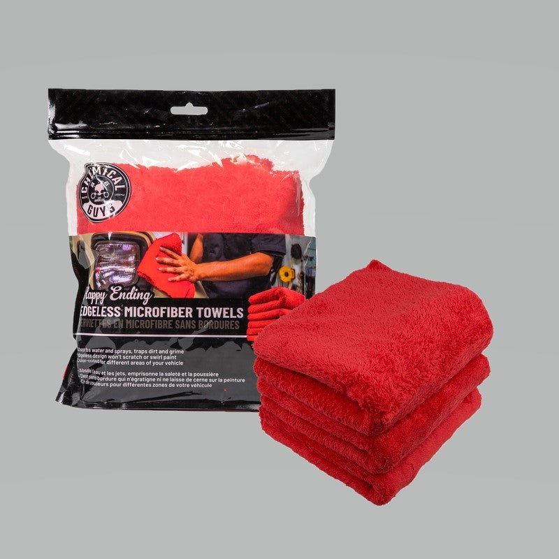 Chemical Guys Happy Ending Ultra Edgeless Microfiber Towel - 16in x 16in - Red - 3 Pack - 0