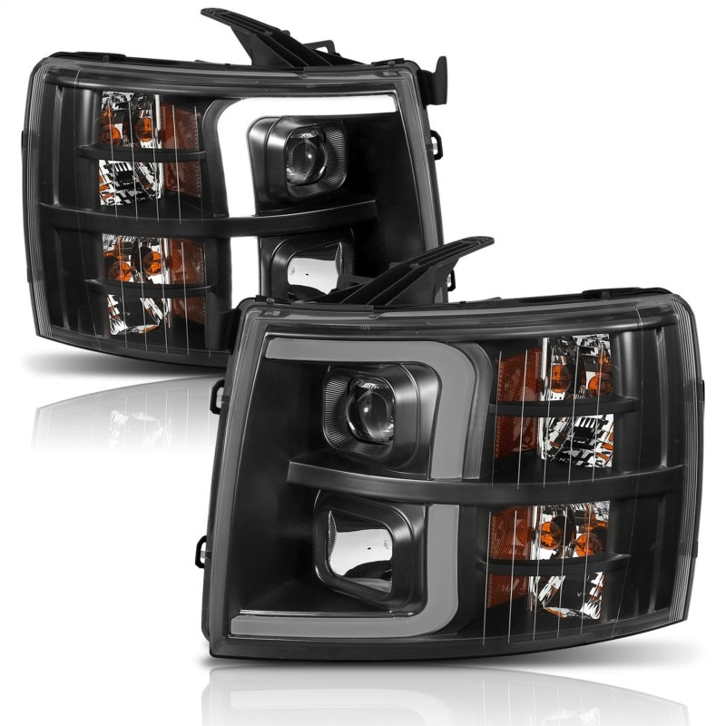 ANZO 07-13 Chevrolet Silverado 1500 Plank Style Projector Headlights Black w/ Amber - 0