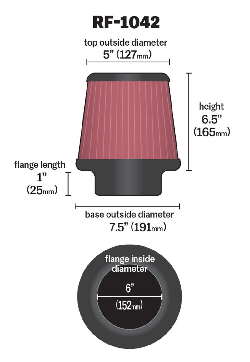 K&N Round Tapered Universal Air Filter 6in Flange ID x 7.5in Base OD x 5in Top OD x 6.5in Height - 0