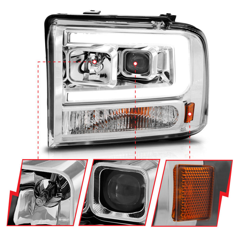 ANZO 99-04 Ford F250/F350/F450/Excursion (excl 99) Projector Headlights - w/Light Bar Chrome Housing - 0