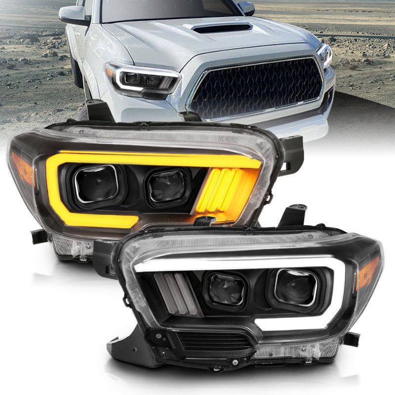 ANZO 2016-2017 Toyota Tacoma Projector Headlights w/ Plank Style Switchback Black w/ Amber - 0