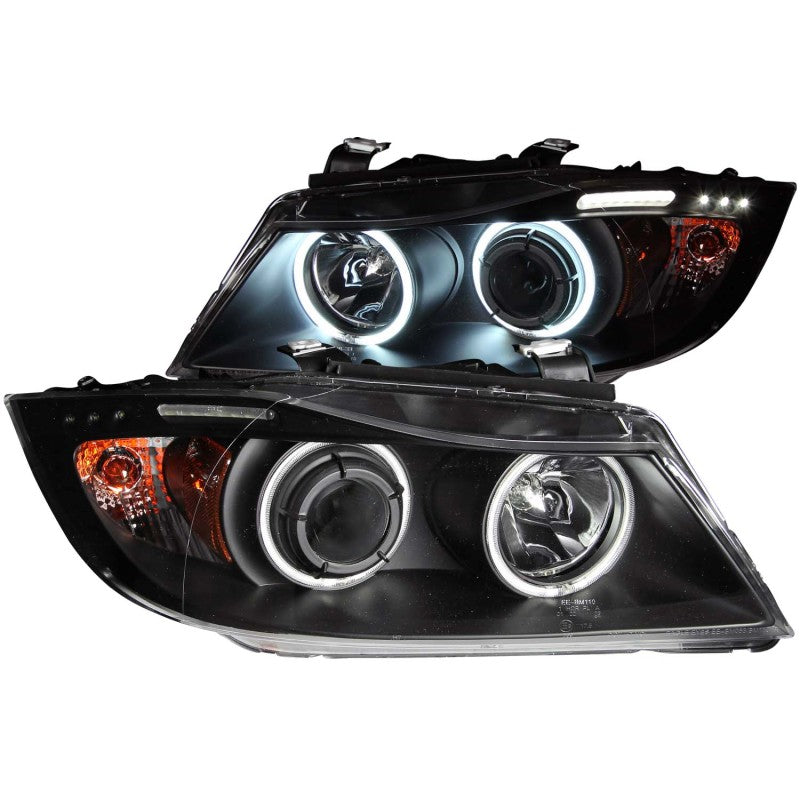 ANZO 2006-2008 BMW 3 Series E90-E91 Projector Headlights w/ Halo w/ LED Bar Black (CCFL) - 0