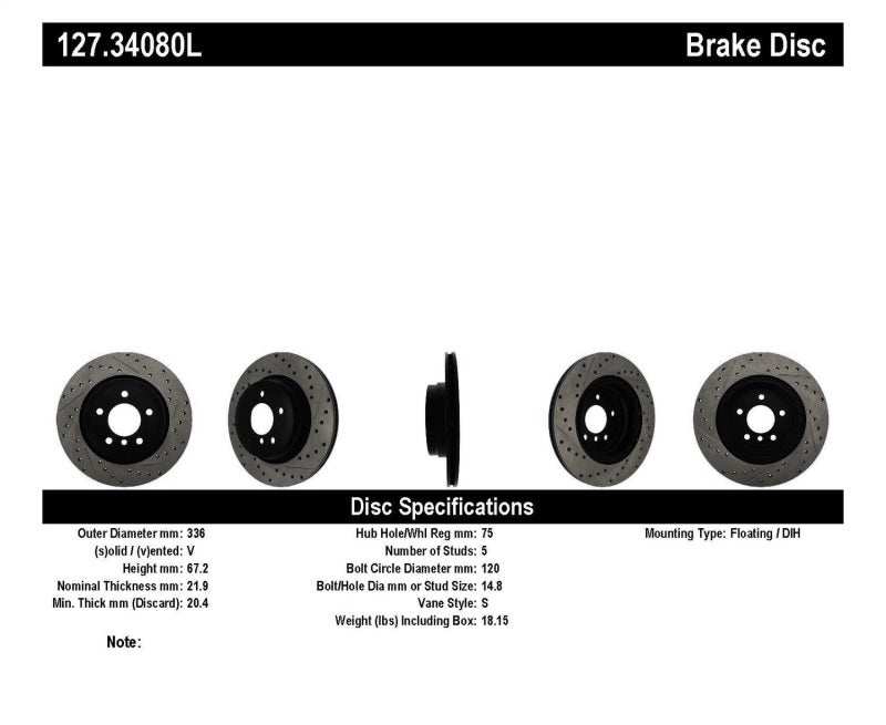 StopTech 06 BMW 330 / 07-09 BMW 335 Slotted & Drilled Left Rear Rotor - 0