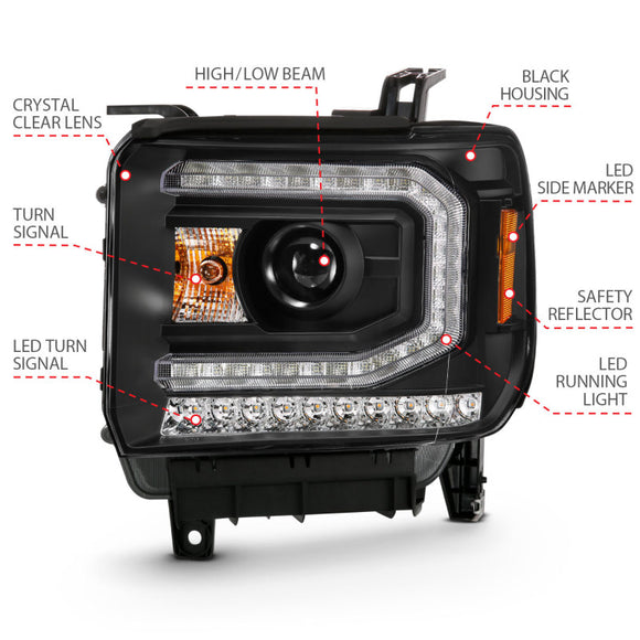 ANZO 2016-2019 GMC Sierra 1500 Projector Headlight Plank Style Black w/ Sequential Amber Signal