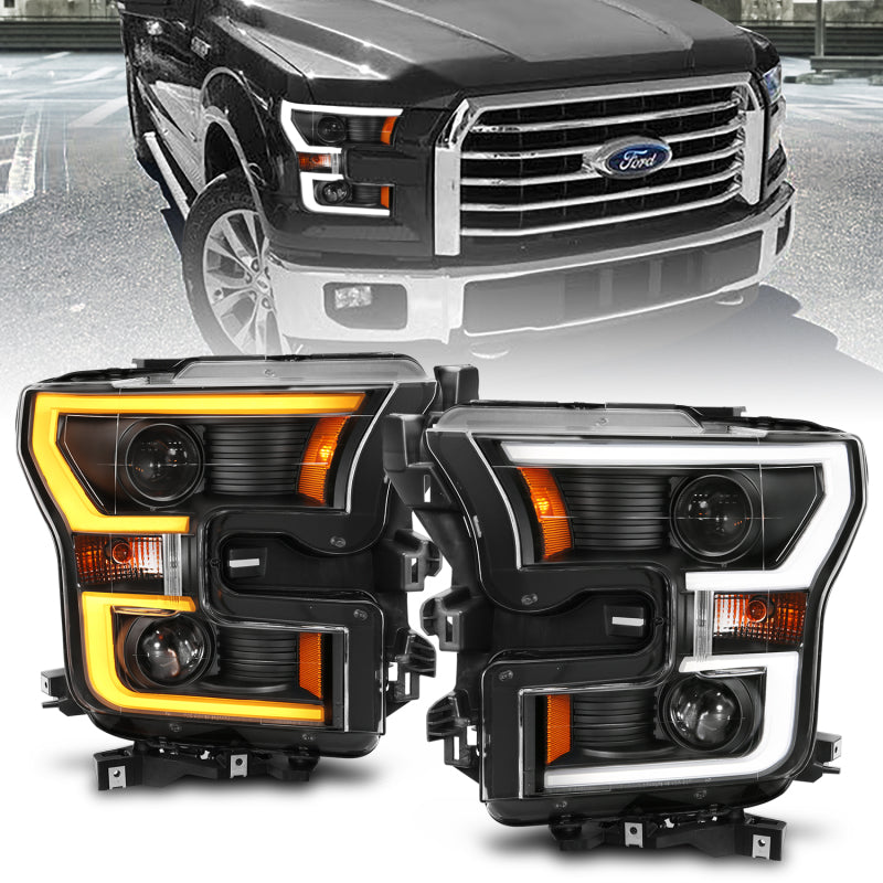 ANZO 2015-2017 Ford F-150 Projector Headlights w/ Plank Style Switchback Black w/ Amber - 0