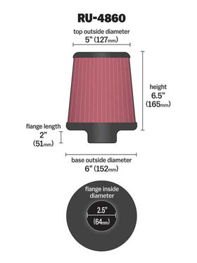 K&N Filter Universal Rubber Filter 2 1/2 inch Flange 6 inch Base 5 inch Top 6 1/2 inch Height - 0