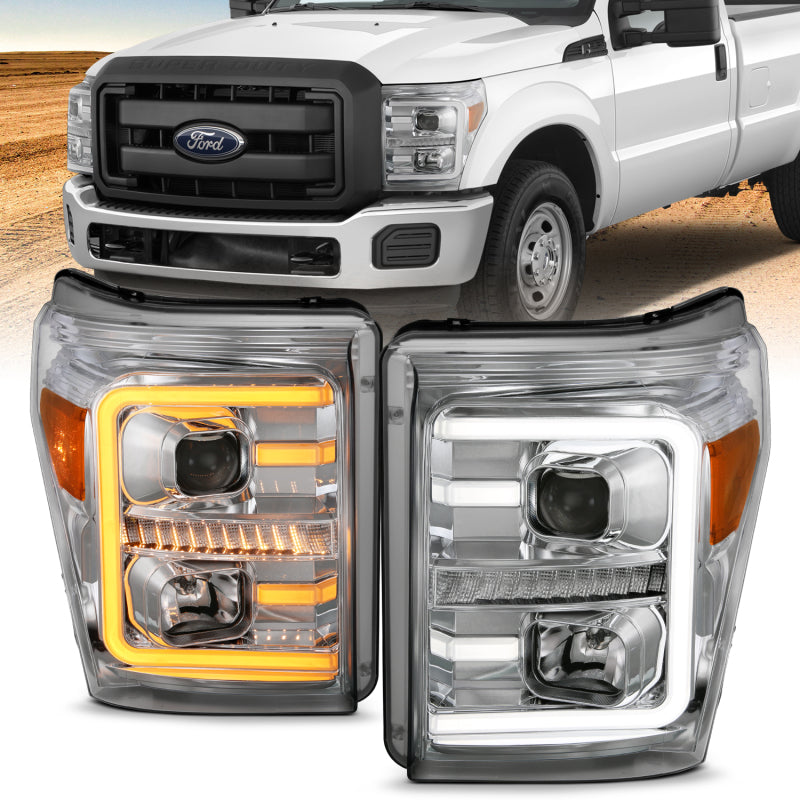 ANZO 11-16 Ford F-250/F-350/F-450 Projector Headlights w/ Plank Style Switchback Chrome w/Amber - 0