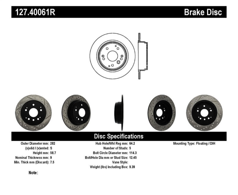 StopTech 04-08 Acura TL / 03-09 honda Element Slotted & Drilled Right Rear Rotor - 0