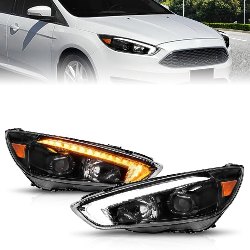 ANZO 15-18 Ford Focus Projector Headlights - w/ Light Bar Switchback Black Housing - 0