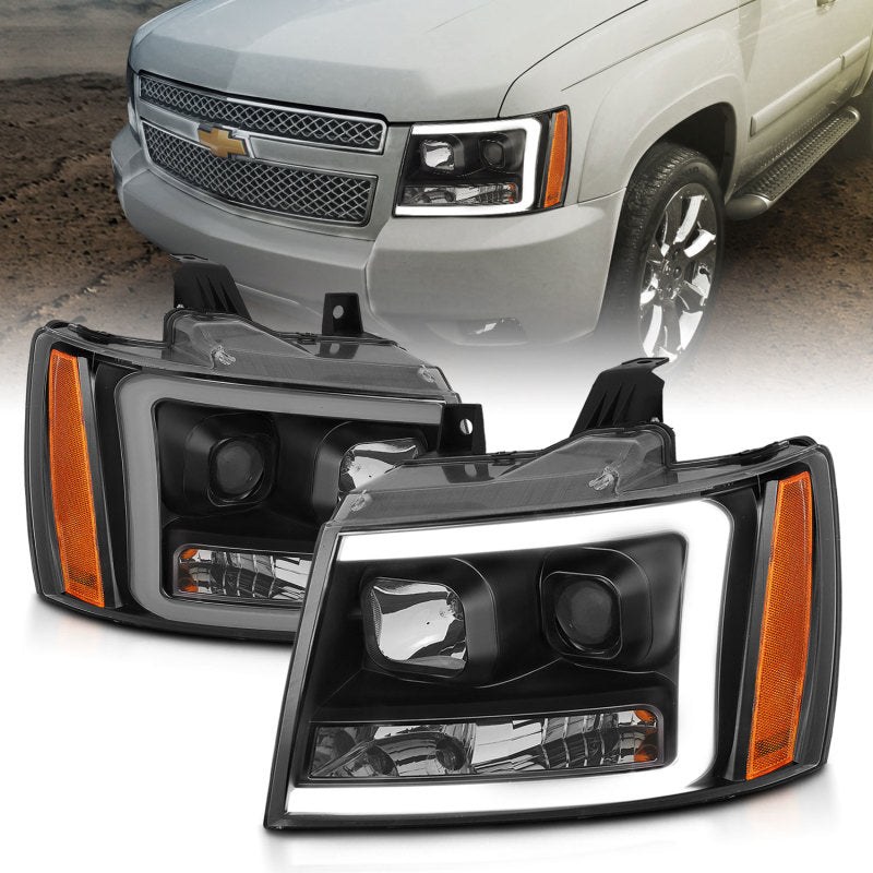 ANZO 07-14 Chevy Tahoe Projector Headlights w/ Plank Style Design Black w/ Amber - 0