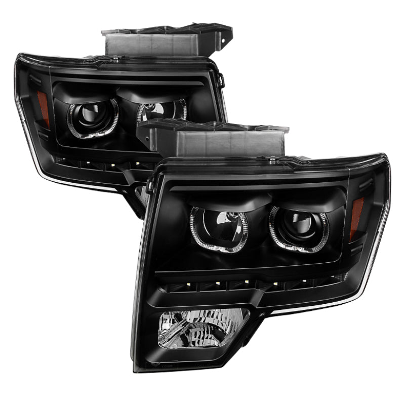 Xtune Ford F150 09-14 Projector Headlights Halogen Model Only LED Halo Black PRO-JH-FF15009-CFB-BK - 0