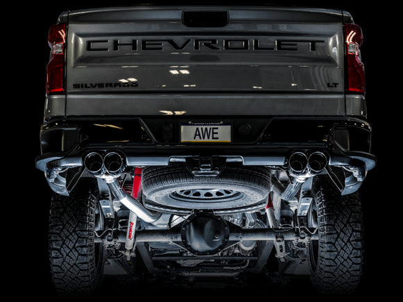 AWE Tuning 4th Gen GM 1500 6.2L 0FG Cat-Back Split Rear Exit (w/ Bumper Cutouts) - Quad Chrome Tips