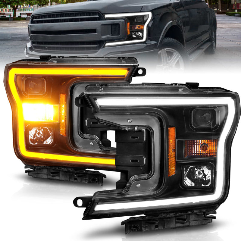 ANZO 2018-2020 Ford F-150 Projector Headlight w/ Plank Style Switchback Black Housing - 0