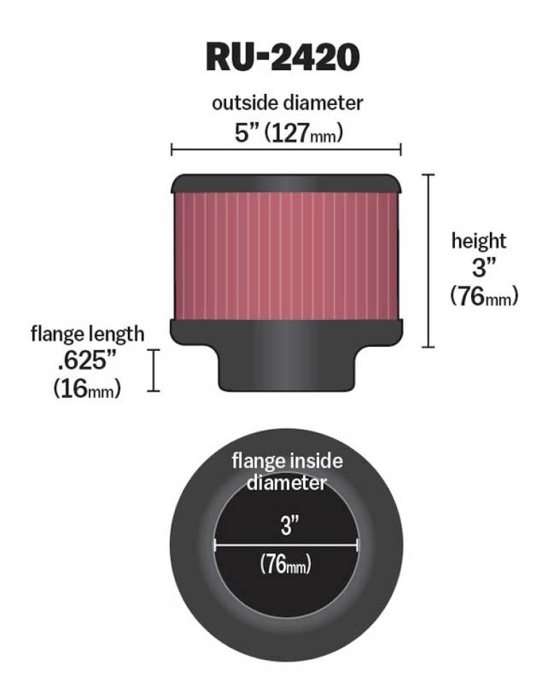 K&N Universal Rubber Filter 3 inch Flange 5 inch OD 3 inch Height