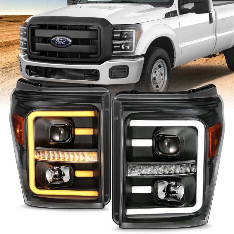 ANZO 2011-2016 Ford F250 Projector Headlights w/ Plank Style Switchback Black w/ Amber - 0